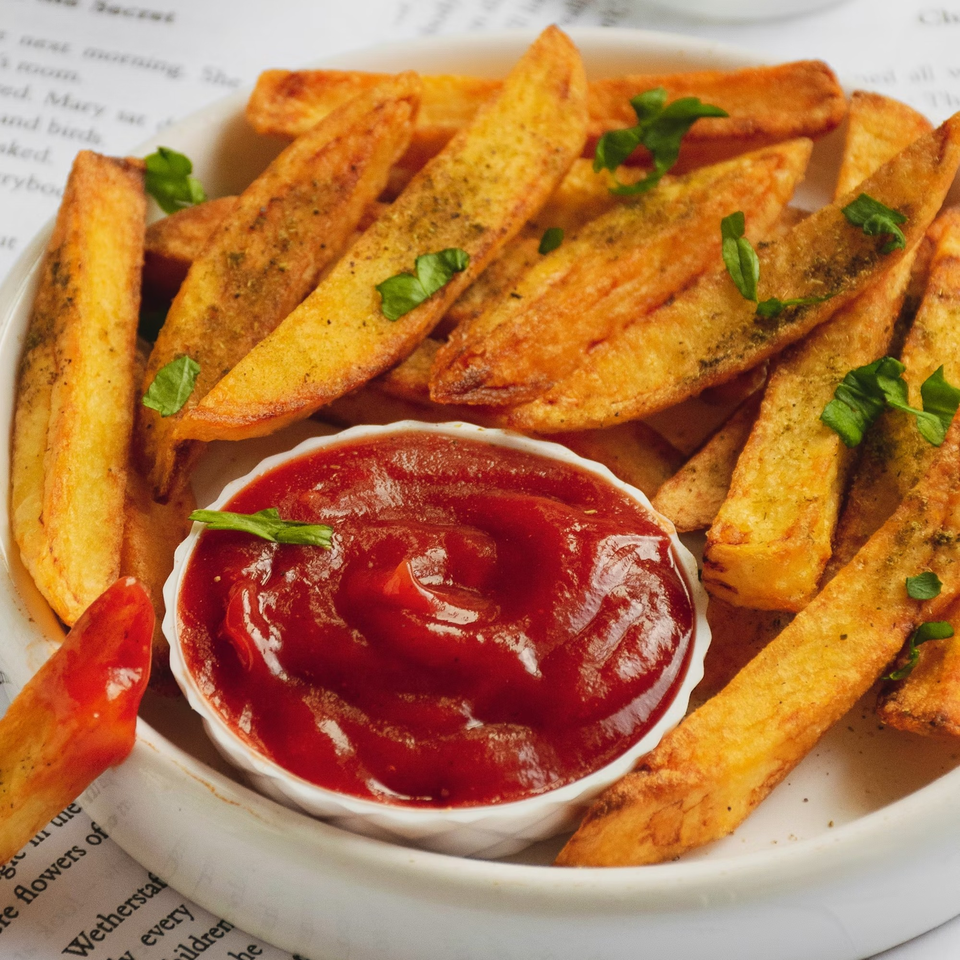 Golden seasoned potato wedges with fresh parsley and a side of ketchup on a white plate.